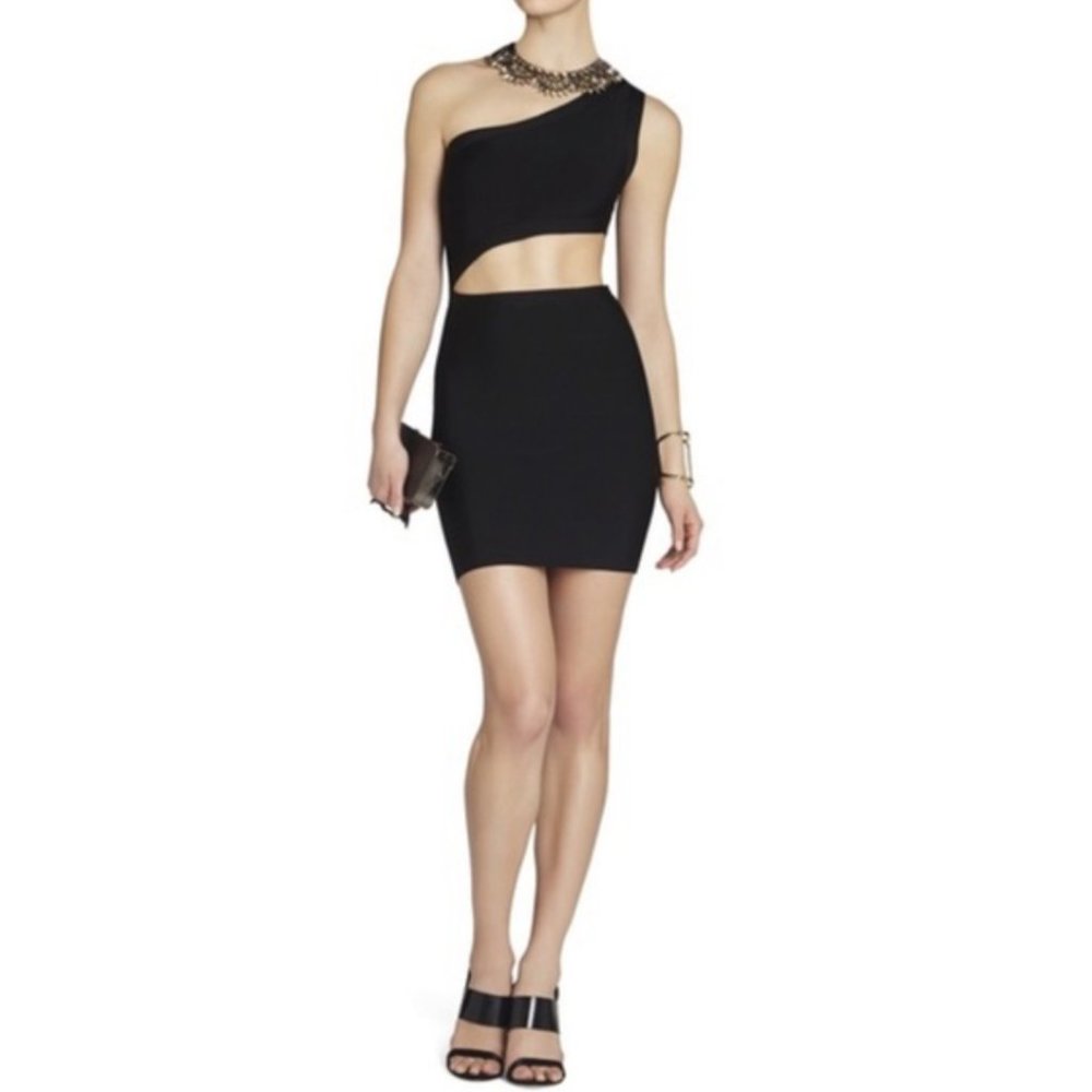 38.) NWT BCBG MaxAzria Courte One Shoulder Knit Dress Black Size Small MSRP $248